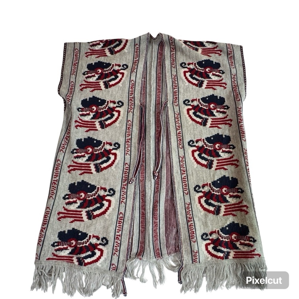 Cuauhtemoc Mexican Poncho Aztec Ruler Woven Grey‎ Red Navy Blue Fringe One Size